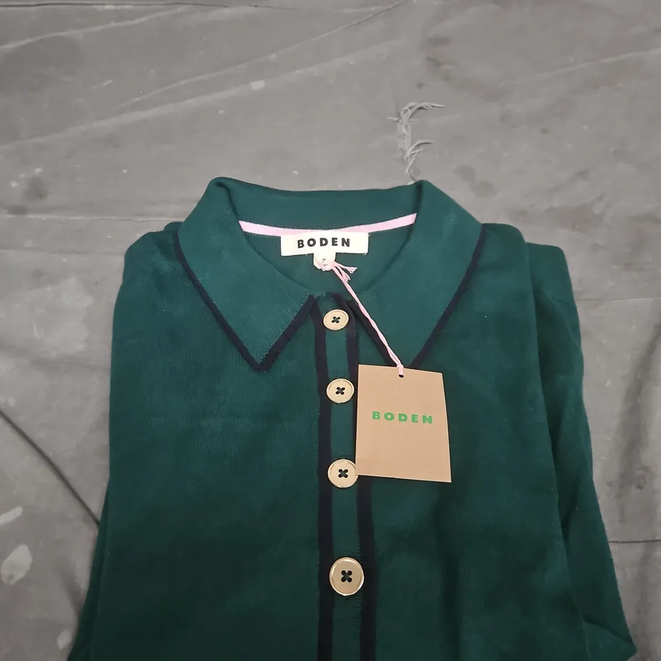 BODEN GREEN COLLARED CARDIGAN WITH CONTRAST PIPING – WOMEN'S KNITWEAR SIZE M