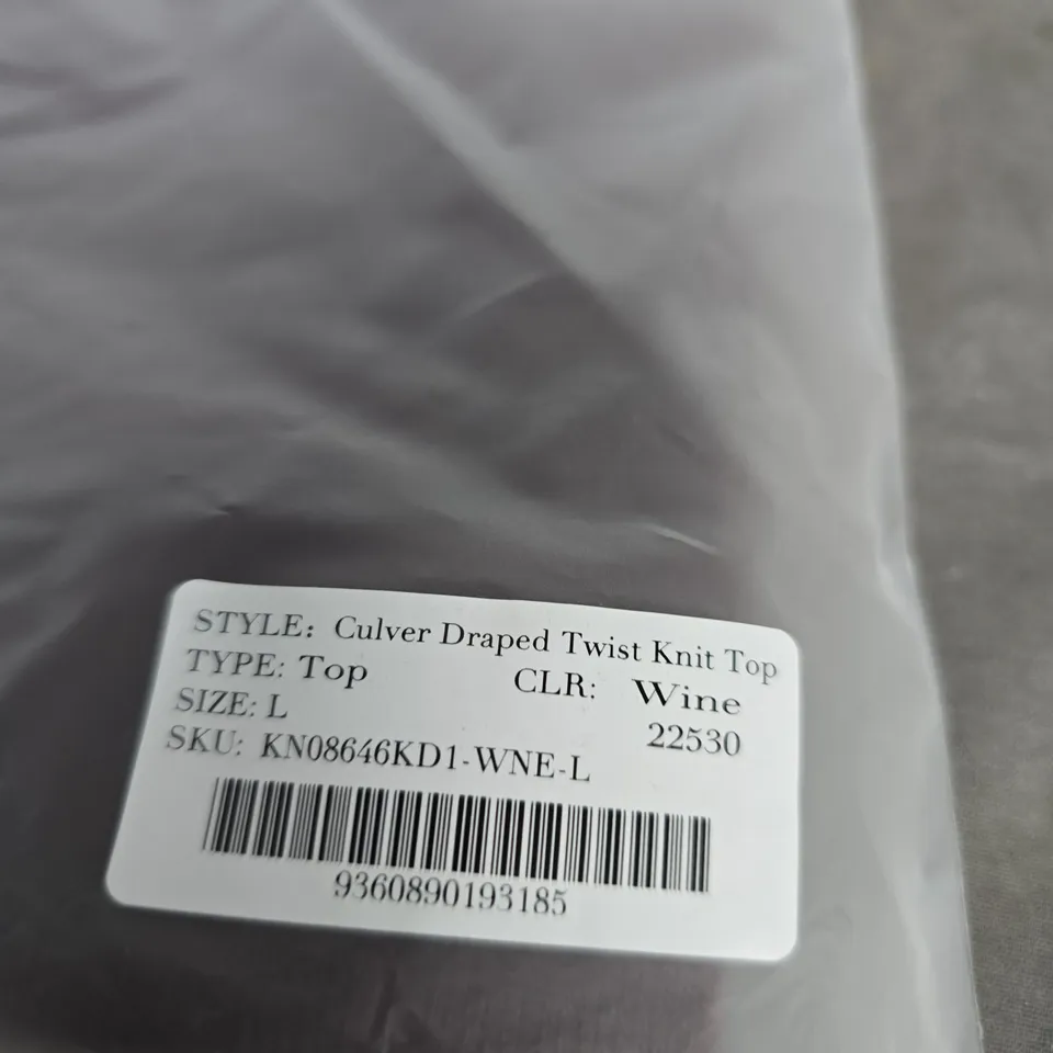 CULVER DRAPED TWIST KNIT TOP – WINE, SIZE L