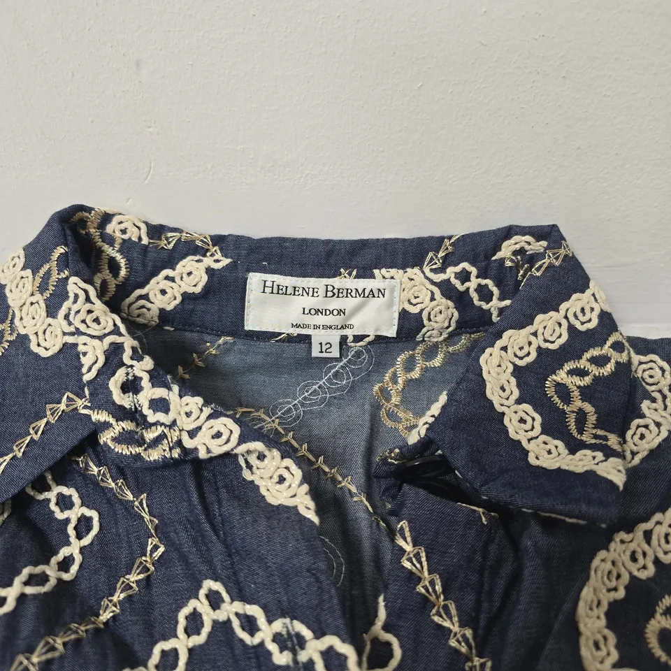 HELENE BERMAN DENIM DRESS WITH CREAM EMBROIDERY – UK SIZE 12, MADE IN ENGLAND