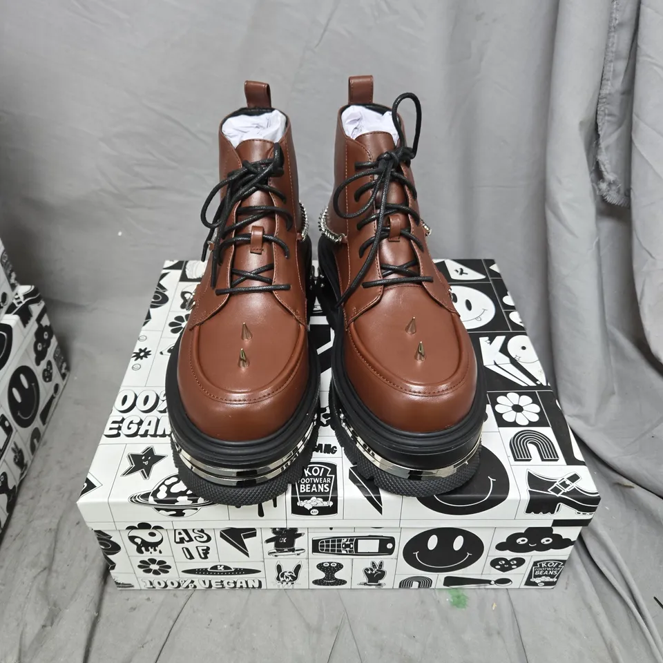 BOXED PAIR OF KOI THE SILENCE PLATFORM GRUNGE BOOTS IN BROWN - UK 8