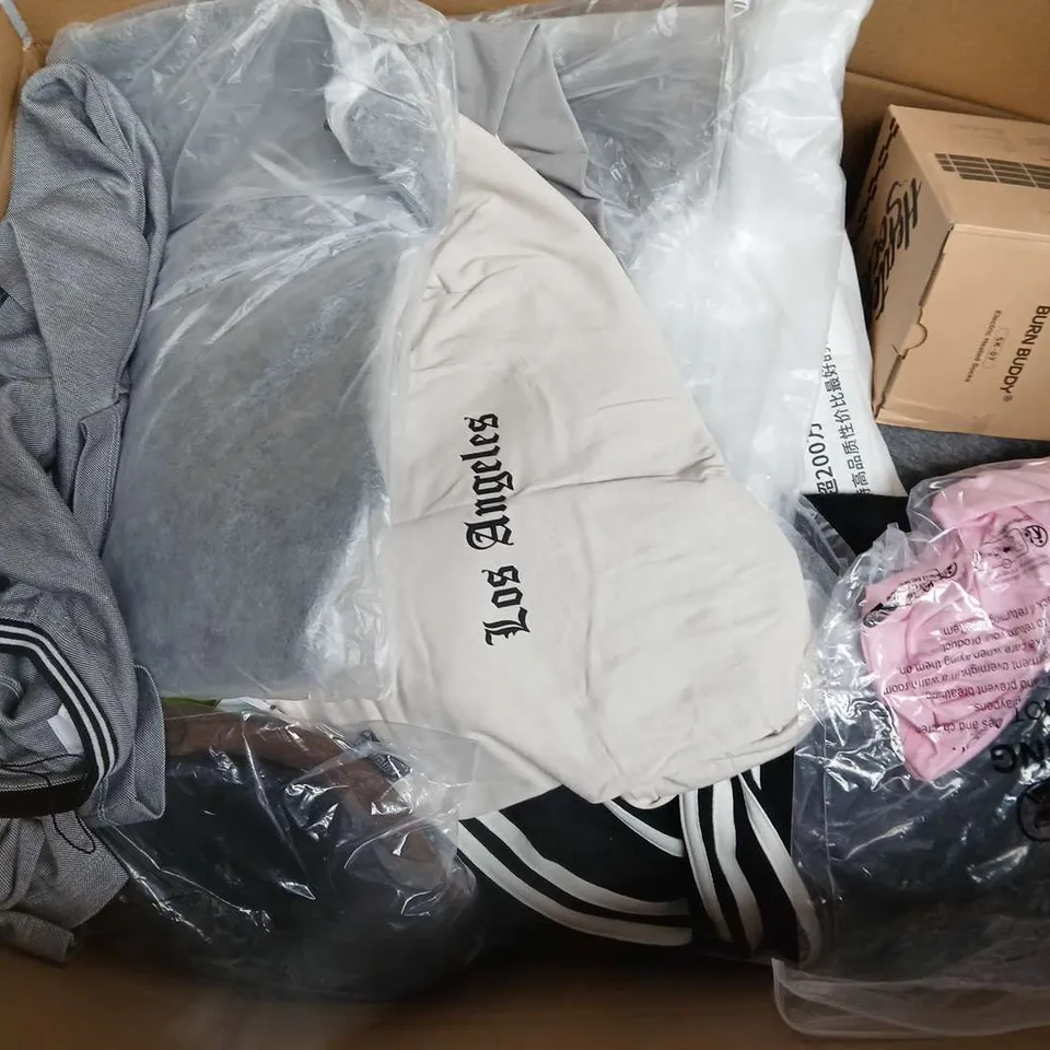 LARGE BOX OF ASSORTED CLOTHING ITEMS IN VARIOUS SIZES, STYLES AND COLOUR 