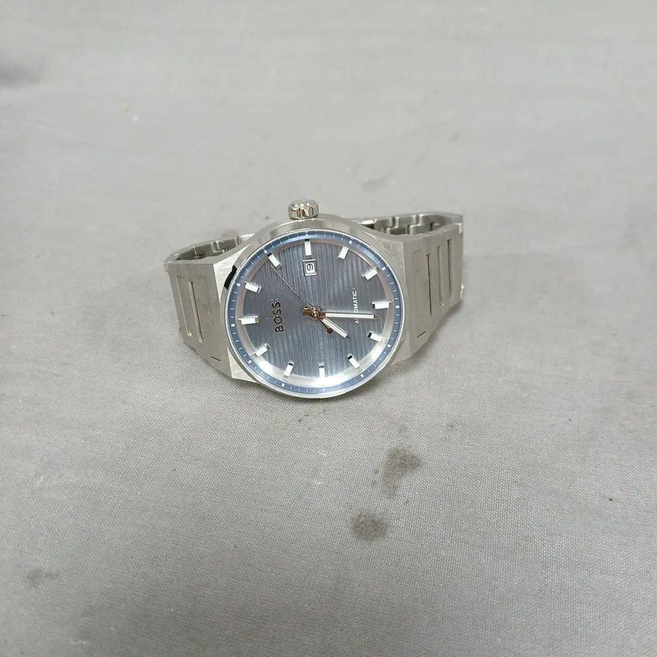 HUGO BOSS STAINLESS STEEL AUTOMATIC WATCH – BLUE DIAL, DATE, BOXED