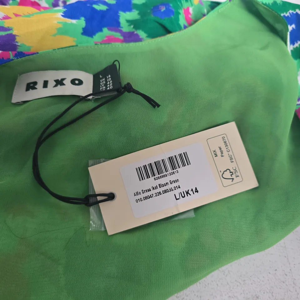 RIXO ALFIE DRESS IKAT DRESS IN GREEN - UK 14
