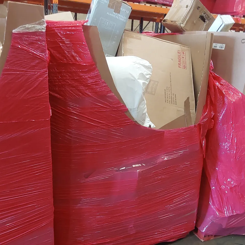 PALLET OF ASSORTED ITEMS INCLUDING: FIREPLACE, HOT WATER DISPENSER, FLOOR TV STAND, BEDDING ECT