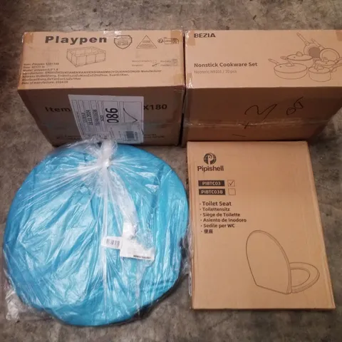 PALLET CONTAINING ASSORTED PRODUCTS INCLUDING PLAYPEN, NON-STICK COOKWARE SET, TOILET SEAT & POP UP TENT