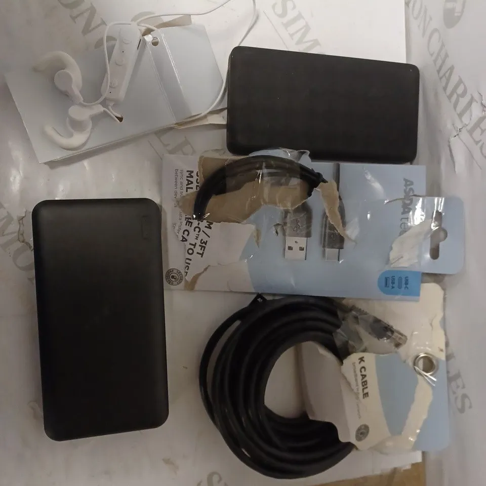 LOT OF FIVE TO INCLUDE POWER BANK , EARBUDS ETC
