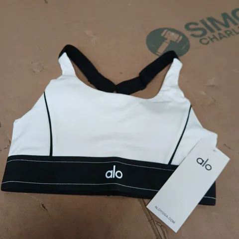ALO YOGA SPORTS BRA TOP – WHITE WITH BLACK BAND, SIZE M