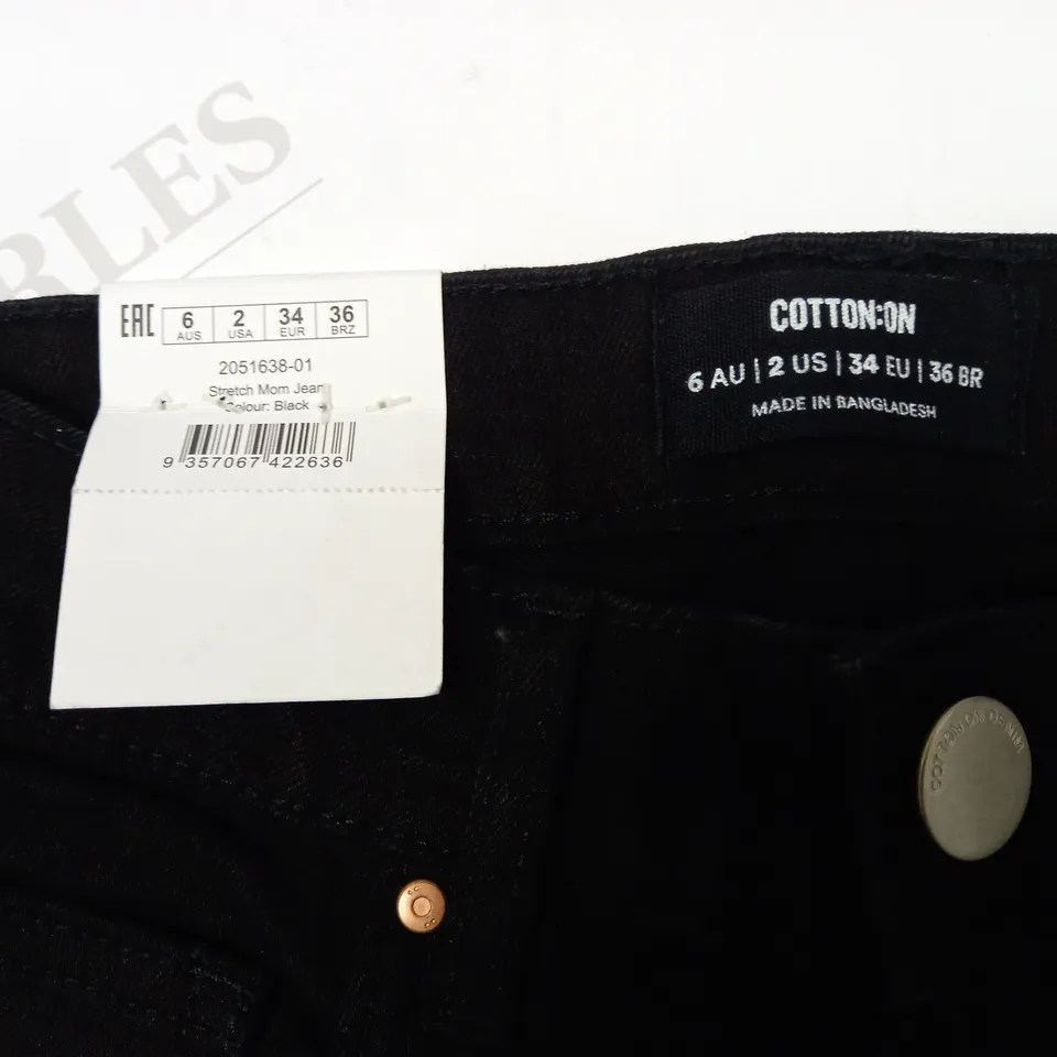 BOX OF APPROX 25 BRAND NEW COTTON:ON STRETCH MOM JEANS - BLACK SIZE AUS 6