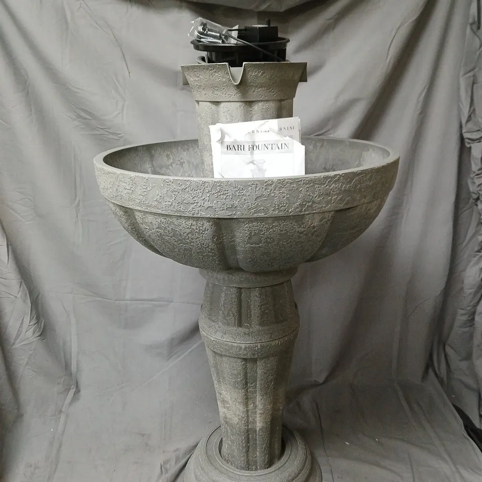 BARI FOUNTAIN GARDEN FOUNTAIN WITH PEDESTAL AND BASIN PARTS NOT CHECKED COMPLETELY .