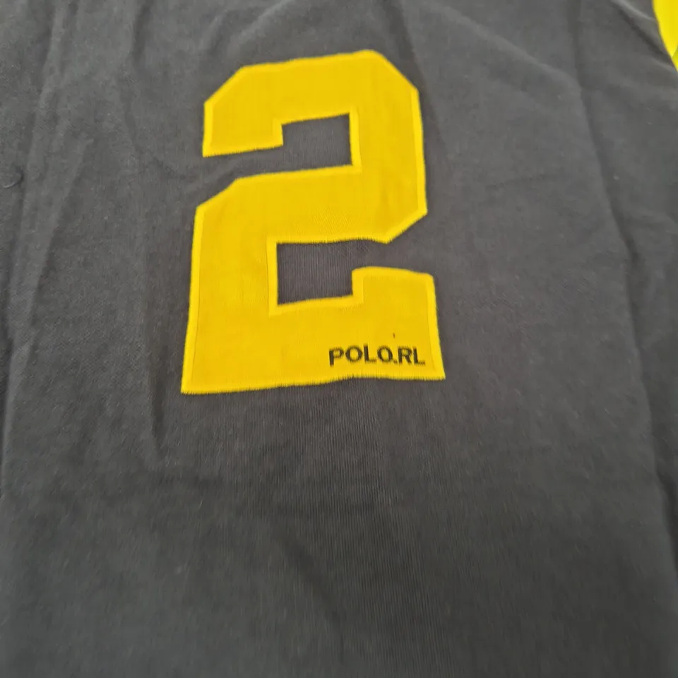 POLO RALPH LAUREN POLO SHIRT – NAVY WITH YELLOW SLEEVES, CUSTOM SLIM FIT, UK S (BACK '3' DESIGN)