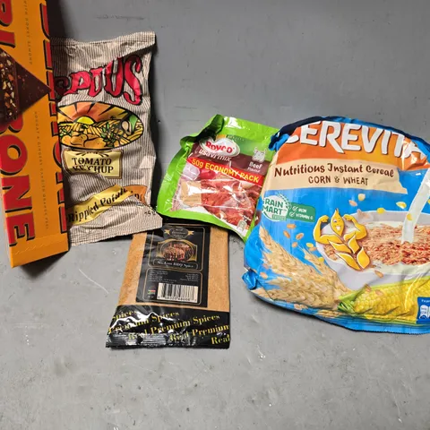 APPROXIMATELY 8 ASSORTED FOOD ITEMS TO INCLUDE - SPUDS TOMATO KETCHUP CRISPS , BEEF FLAVOUR , TOBLERONE ETC