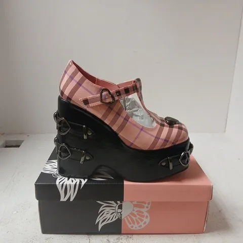 KOI WOMEN’S PINK PLAID PATENT PLATFORM MARY JANE SHOES WITH BUCKLE STRAPS UK 4