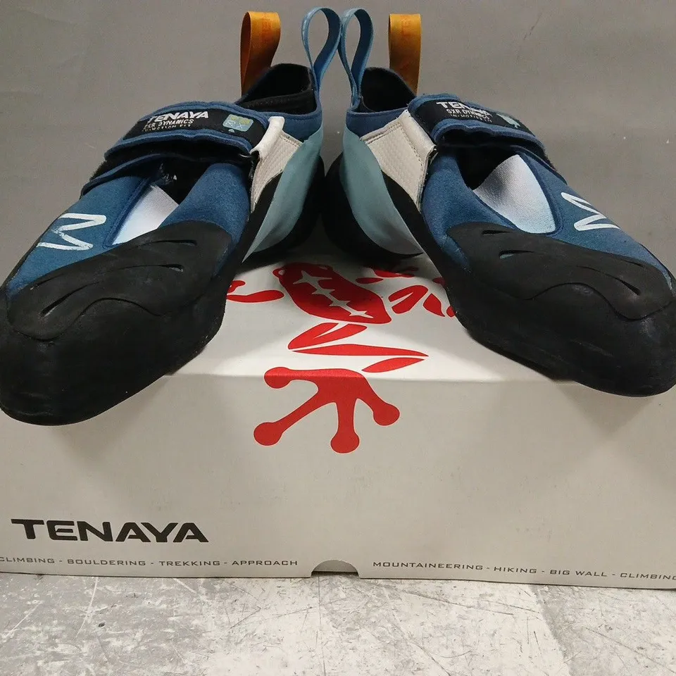 BOXED PAIR OF TENAYA MASTIA CLIMBING SHOES IN BLUE/BLACK SIZE UK 7