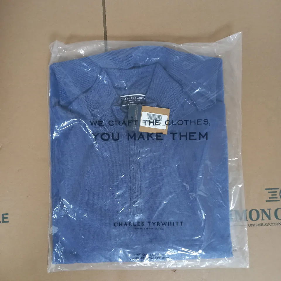 CHARLES TYRWHITT STEEL BLUE PURE MERINO ZIP NECK JUMPER SIZE L