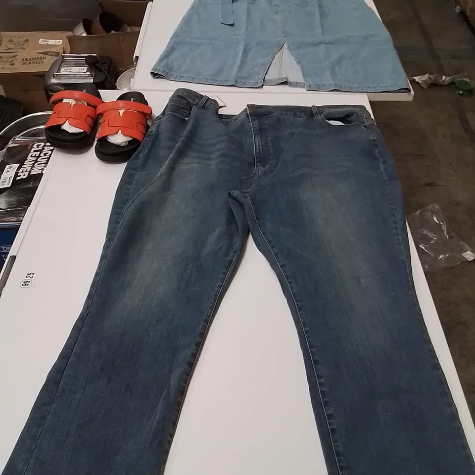 PALLET OF APPROXIMATELY  90X BRAND NEW WOMENS QUALITY DESIGNER CLOTHES APPROXIMATELY TO INCLUDE;JD WILLIAMS DENIM DRESS, SIMPLE BE SANDALS, JUNLIPA JEANS