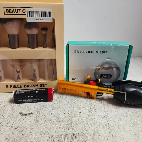 APPROX 12 ASSORTED BEAUTY PRODUCTS TO INCLUDE MAKEUP BRUSH SET, ELECTRIC NAIL CLIPPER, MAC LIPSTICK, ETC