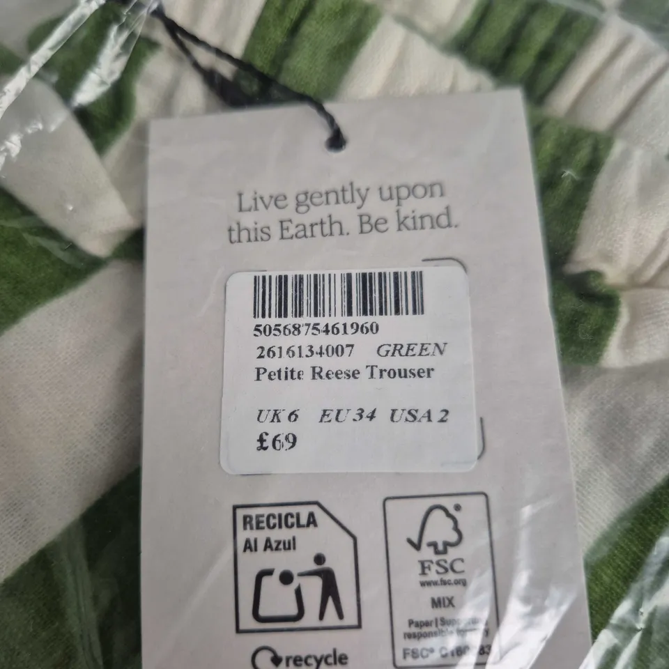 UK6 NOBODY'S CHILD PETITE REESE TROUSER – GREEN & WHITE STRIPE (EU34 / USA2)