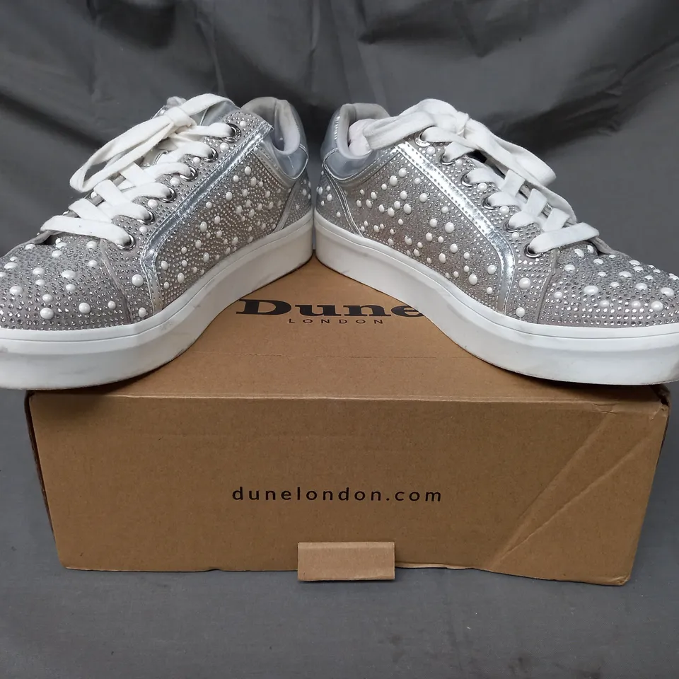 BOXED PAIR OF DUNE LONDON TRAINERS IN SILVER SIZE 7