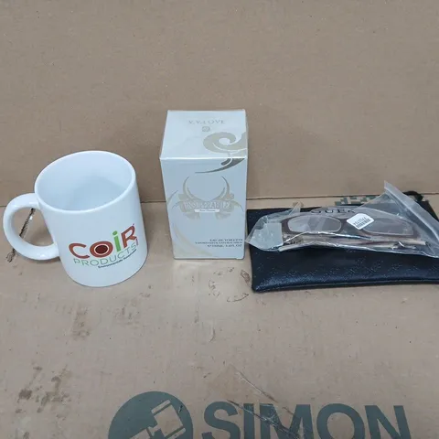 LARGE QUANTITY OF ASSORTED ITEMS TO INCLUDE COIR MUG, V.V LOVE PERFUME, GUESS GLASSES, ETC - COLLECTION ONLY