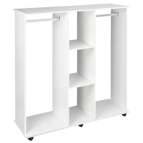 BOXED HOMCOM OPEN WARDROBE DOUBLE MOBILE STORAGE SHELVES ORGANIZER W/6 WHEELS-WHITE