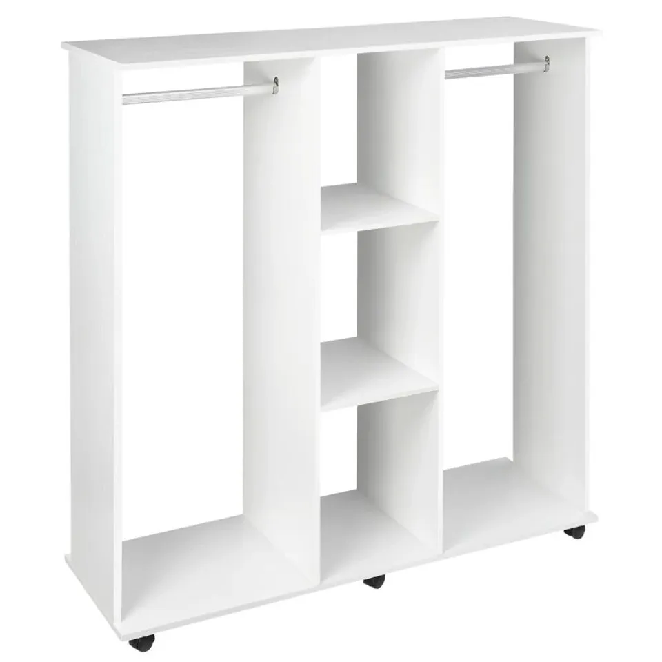 BOXED HOMCOM OPEN WARDROBE DOUBLE MOBILE STORAGE SHELVES ORGANIZER W/6 WHEELS-WHITE