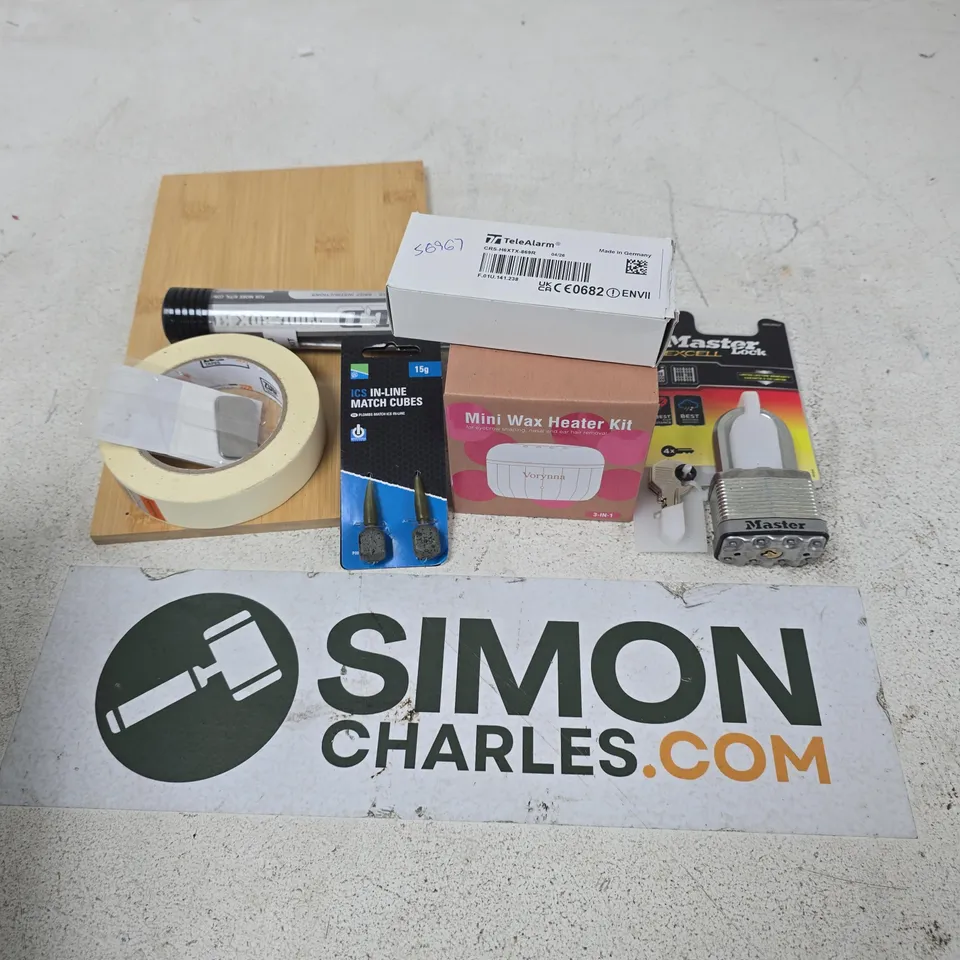 APPROXIMATELY 12 ASSORTED HOUSEHOLD ITEMS TO INCLUDE MASTERLOCK EXCELL, MINI WAX HEATER KIT, LUMIWELD ROD KIT, ETC