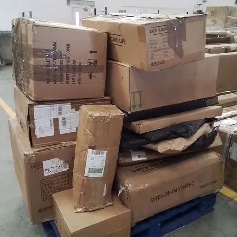 PALLET CONTAINING VARIOUS INCOMPLETE BOXED FURNITURE PARTS AND OTHER HOUSEHOLD ITEMS ETC.