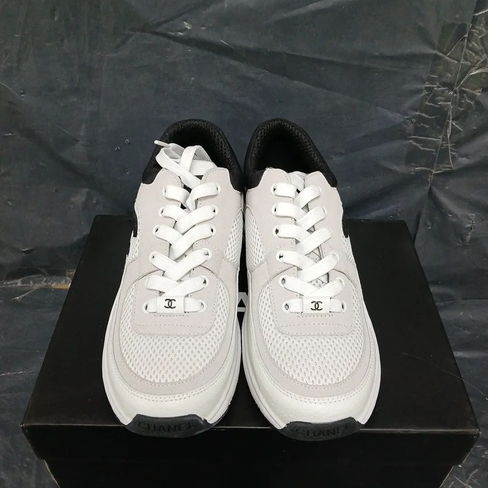 BOXED PAIR OF CHANEL MESH SUEDE TRAINERS - UK SIZE 38