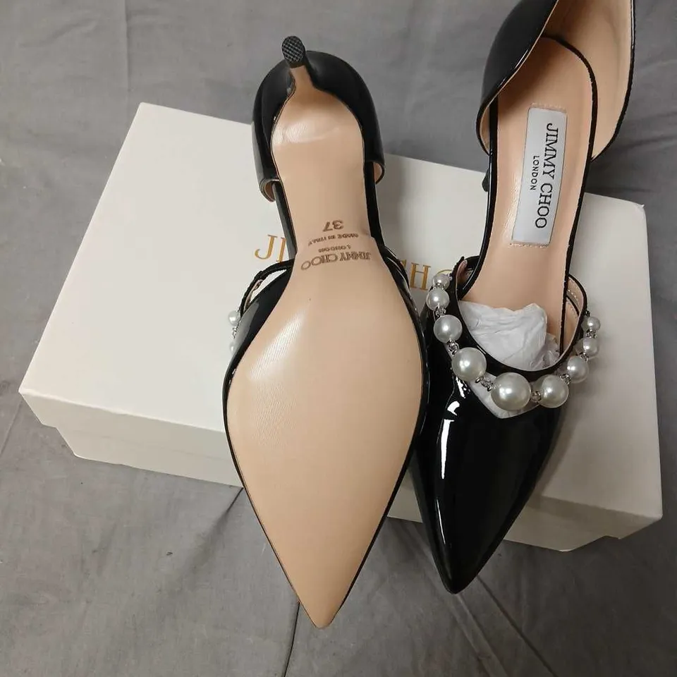 JIMMY CHOO BLACK PATENT LEATHER PUMPS WITH PEARL EMBELLISHMENT, SIZE 37