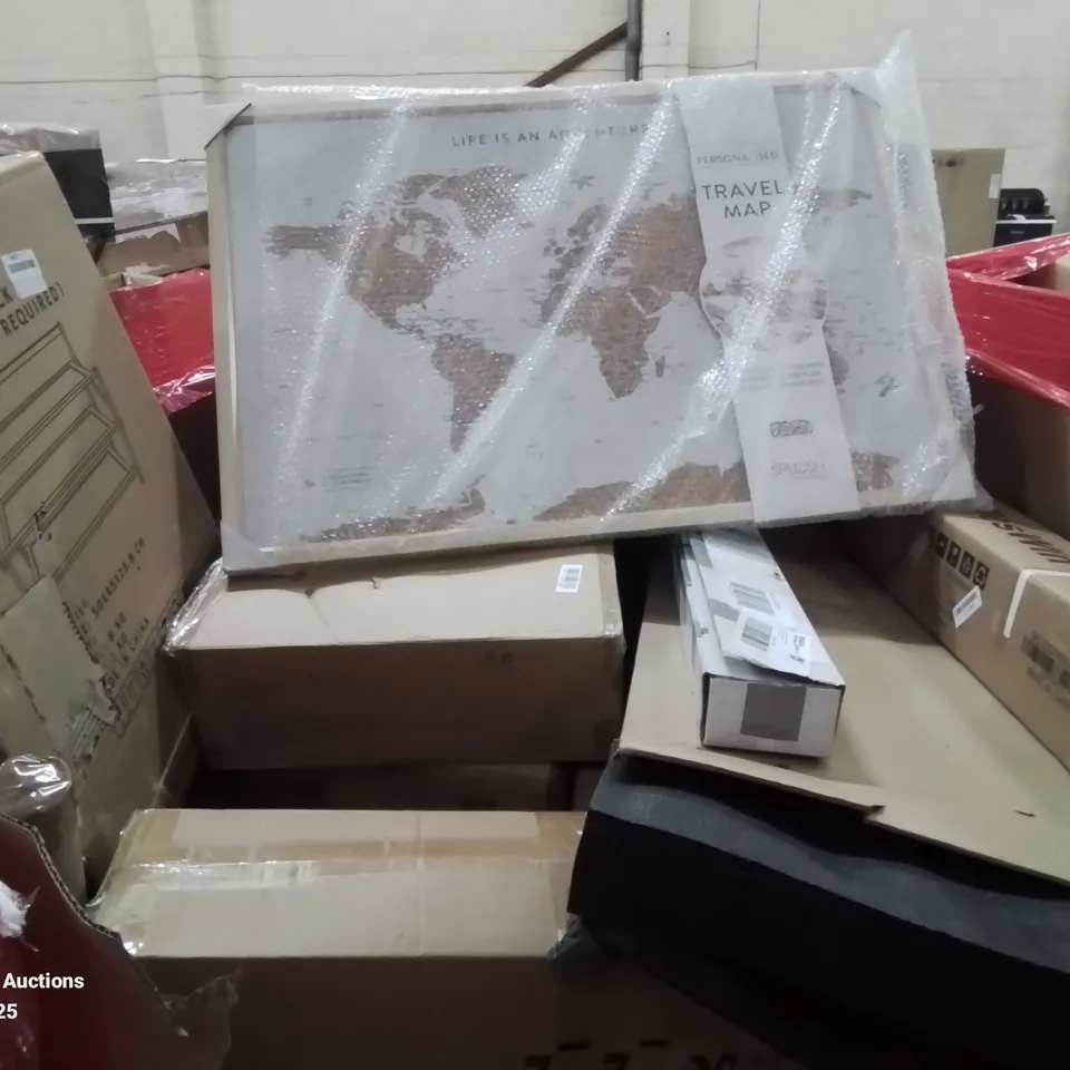 PALLET CONTAINING VARIOUS ASSORTED ITEMS TO INCLUDE: SHOE RACK, WORLD TRAVEL MAP, TELESCOPIC CURTAIN POLE, SHOWER UNIT AND LOTS MORE UNMARKED BOXED ITEMS 