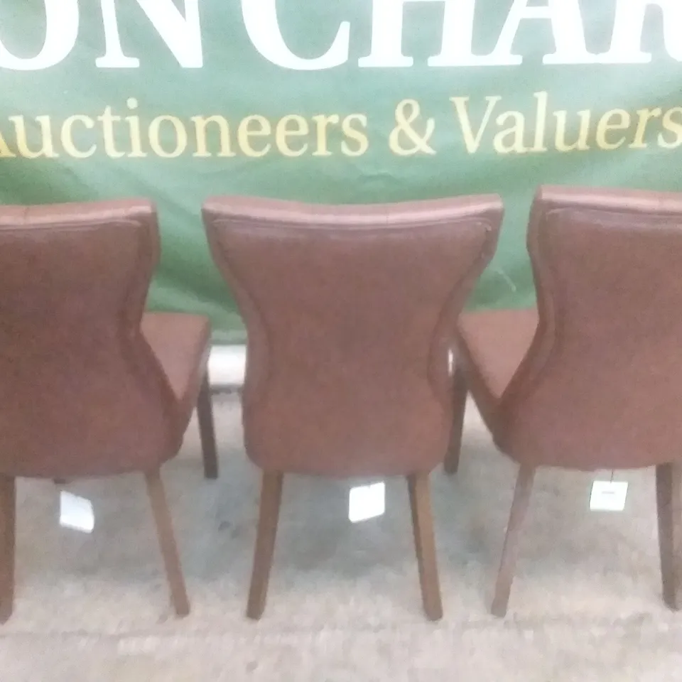 SET OF 3 NEW BEWLEY CLUB BROWN LEATHER BUTTON BACK DINING CHAIRS (DARK OAK LEG)
