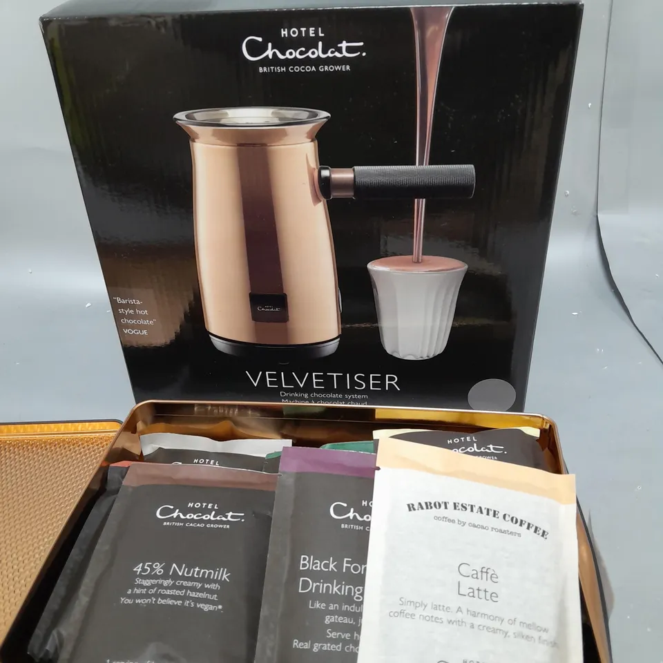 HOTEL CHOCOLAT VELVETISER WITH 12 ASSORTED SACHETS IN TIN