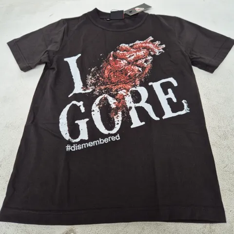 Black T-shirt with 'I GORE' graphic and '#dismembered' motif β UK Small