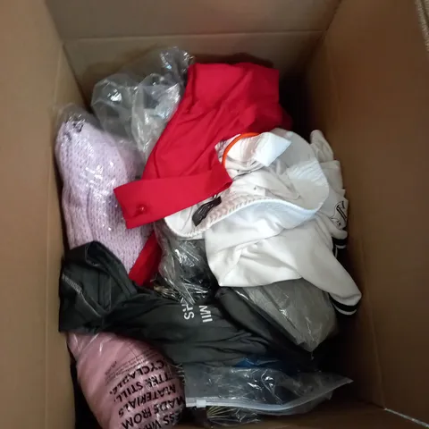 BOX OF ASSORTED CLOTHING ITEMS TOO INCLUDE JUMPERS, SHIRTS AND TROUSERS IN VARIOUS SIZES AND COLOURS   