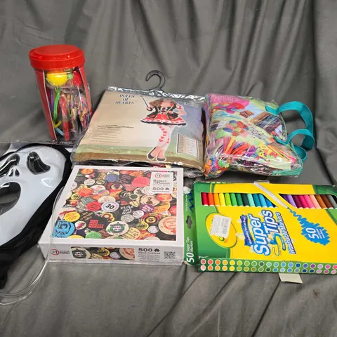 BOX OF ASSORTED TOYS AND GAMES TO INCLUDE CRAYOLA, FANCY DRESS AND JIGSAWS