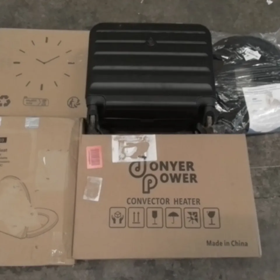 PALLET OF ASSORTED ITEMS INCLUDING WALL CLOCK, TOILET SEAT, CARRY ON SUITCASE, DONUT SEAT CUSHION, CONVECTOR HEATER