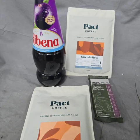 APPROXIMATELY 10 ASSORTED FOOD/DRINK PRODUCTS TO INCLUDE PACT COFFEE, RIBENA, REAL MEAL BAR ETC  