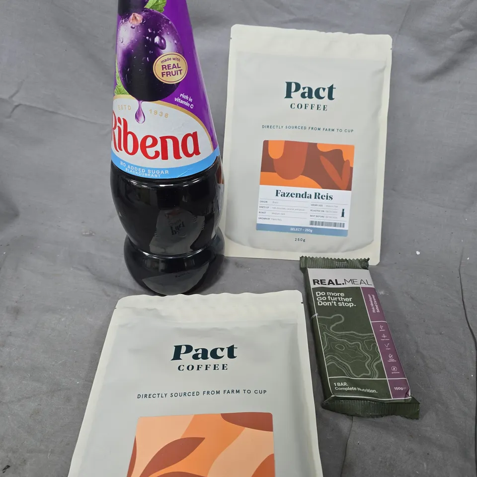 APPROXIMATELY 10 ASSORTED FOOD/DRINK PRODUCTS TO INCLUDE PACT COFFEE, RIBENA, REAL MEAL BAR ETC  