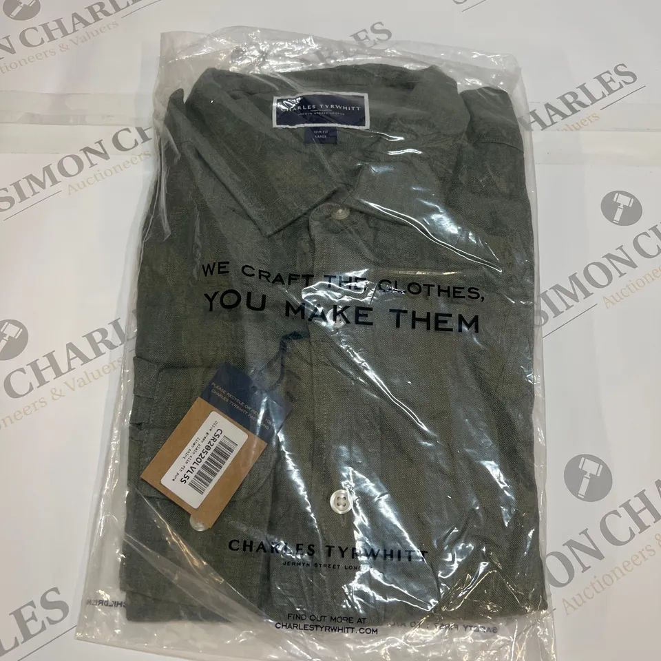 CHARLES TYRWHITT PLAIN SLIM FIT PURE LINEN SHIRT IN OLIVE GREEN SIZE L