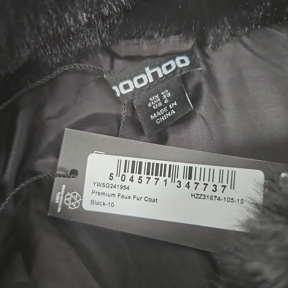BOOHOO UK 10 BLACK PREMIUM FAUX FUR COAT