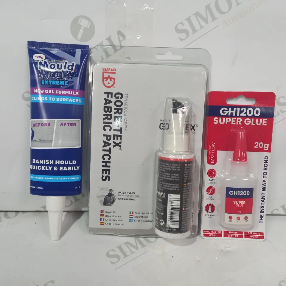 LOT OF APPROXIMATELY 10 ASSORTED HOUSEHOLD ITEMS TO INCLUDE SUPER GLUE, GORE-TEX FABRIC PATCHES, MOULD MAGIC, ETC