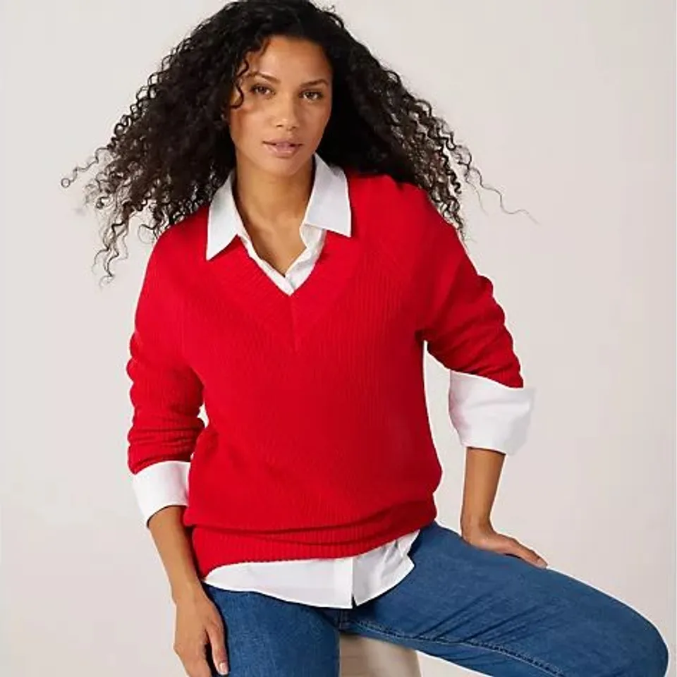 RUTH LANGSFORD V NECK COTTON RICH JUMPER MEDIUM RED