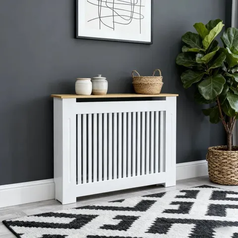 BOXED MODERN SLATTED VERTICAL WHITE RADIATOR COVER WITH WOOD - GRAIN