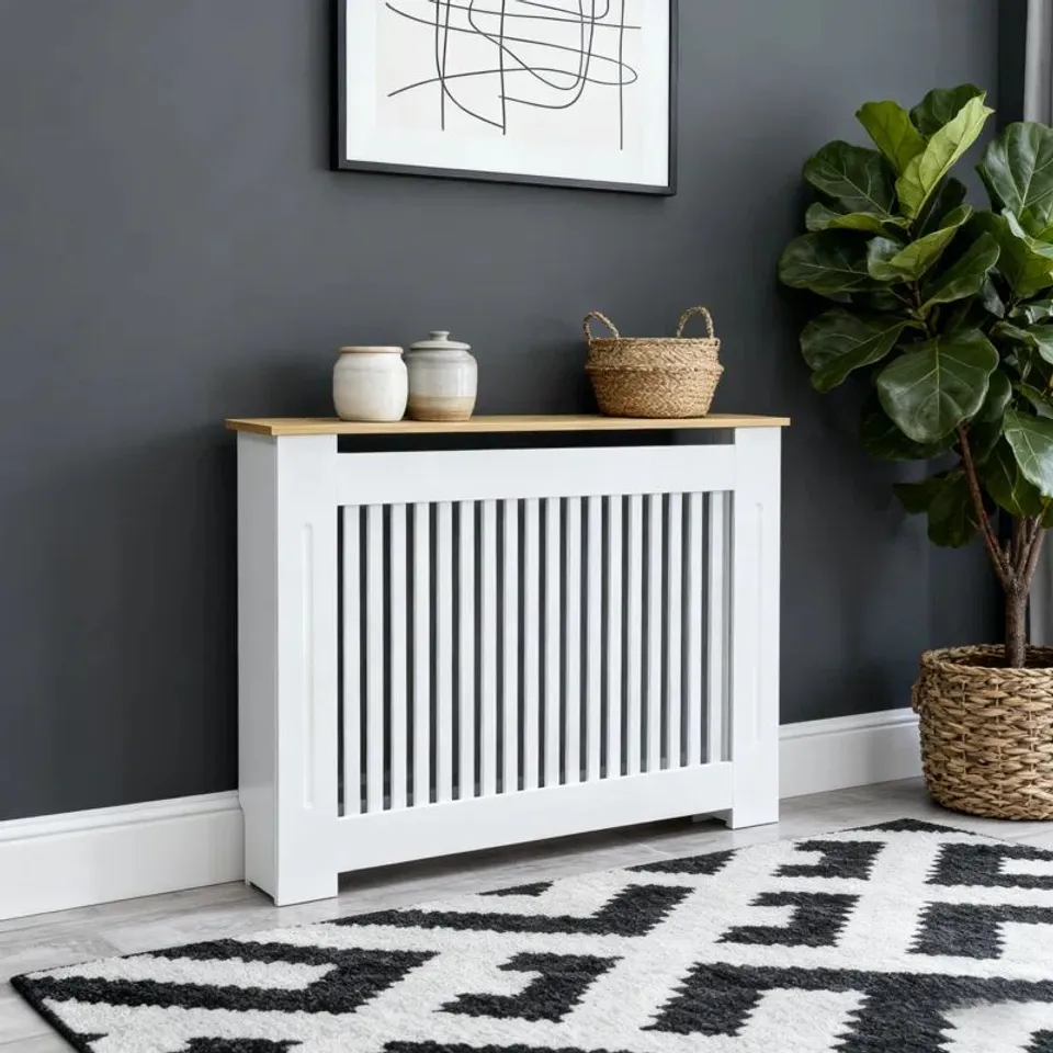 BOXED MODERN SLATTED VERTICAL WHITE RADIATOR COVER WITH WOOD - GRAIN