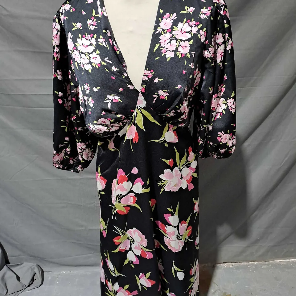 GINI LONDON BLACK FLORAL PRINT DRESS - UK 12