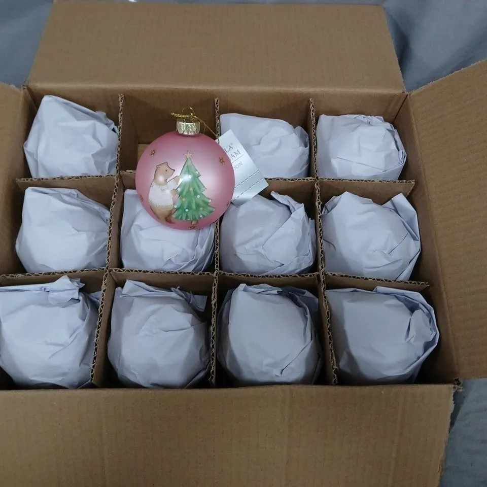 SET OF 12 PINK CHRISTMAS BAUBLES WITH BEAR & TREE DESIGN