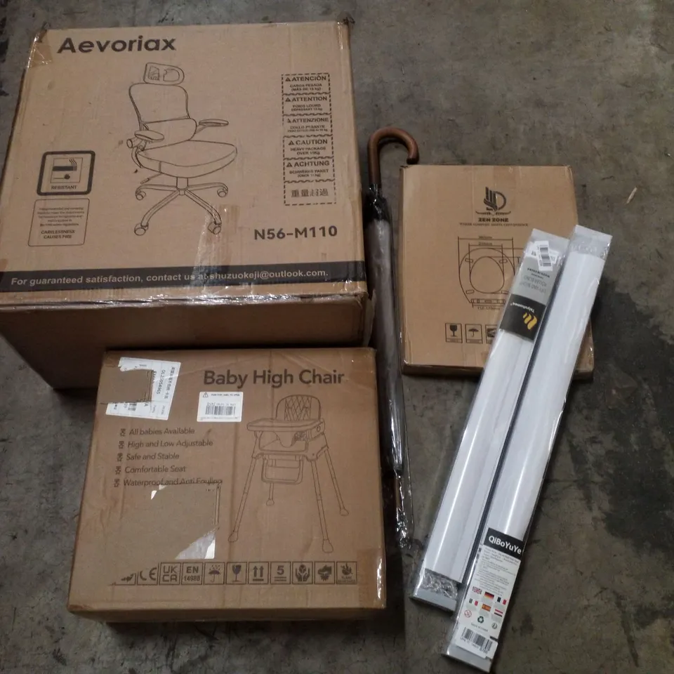 PALLET CONTAINING ASSORTED PRODUCTS INCLUDING OFFICE CHAIR, BABY HIGH CHAIR, UMBRELLA, TOILET SEAT & ROLLER BLINDS 