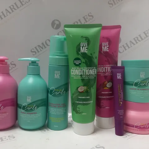 BOX OF APPROX 8 ASSORTED GIVE ME PRODUCTS TO INCLUDE CURLY SHAMPOO, CONDITIONER, LEAVE-IN CONDITIONER, ETC