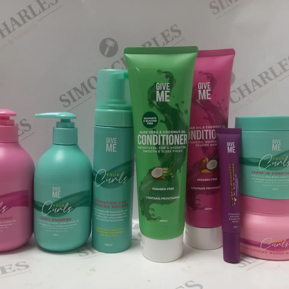 BOX OF APPROX 8 ASSORTED GIVE ME PRODUCTS TO INCLUDE CURLY SHAMPOO, CONDITIONER, LEAVE-IN CONDITIONER, ETC 