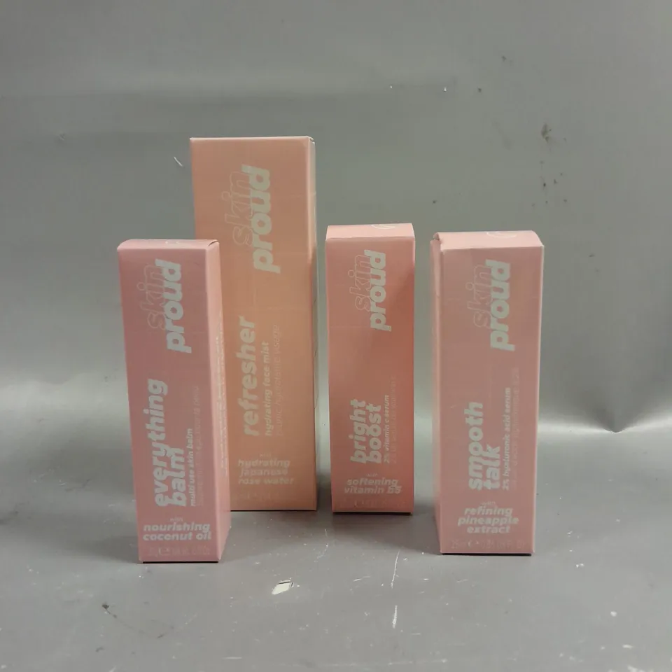 BOXED I AM PROUD SKINCARE SELECTION OF 4 PRODUCTS TO INCLUDE EVERYTHING BALM (20G), HYDRATING FACE MIST (90ML), BRIGHT BOOST SERUM 25 VITAMIN C (25ML) AND SMOOTH TALK SERUM 2% HYALURONIC ACID (25ML).